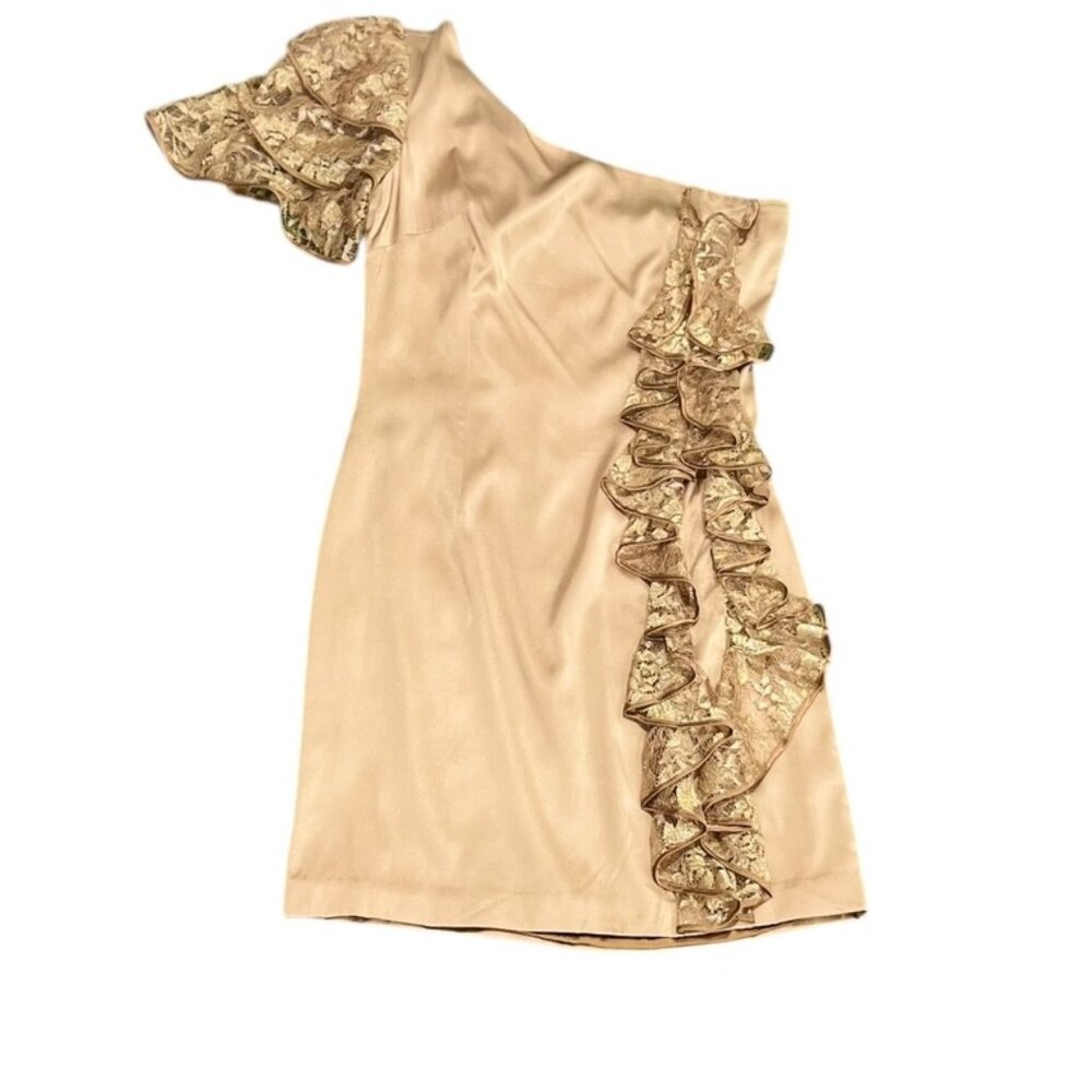 Iva Nova One-Shoulder Dress Gold Ruffles SZ 4